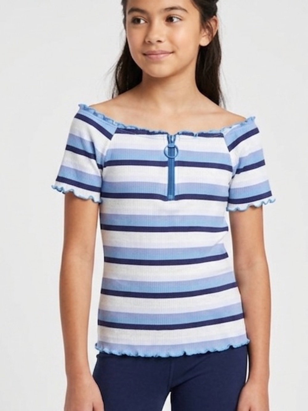 Justice Girls  Blue and White Stripped Ribbed Off The shoulder Top